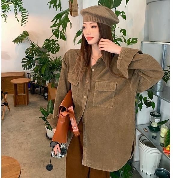 Bordir Kemeja Corduroy Wanita Korea Style Oversize Lengan Panjang Baju Atasan Wanita Kekinian Premiu