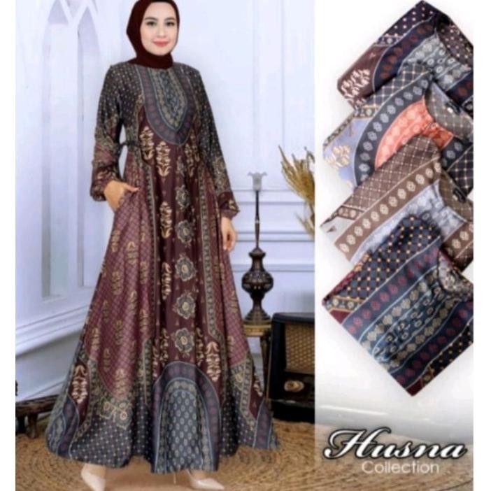 Gamis Raflesia Bahan Silk Print | Gamis Silk premium | Gamis Motif Jumbo Promo