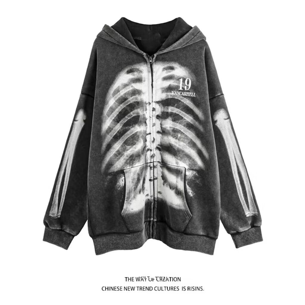 Men's American-Style Distressed Skull Skeleton Printed Hooded Zipper Sweatshirt Cardigan Jacket