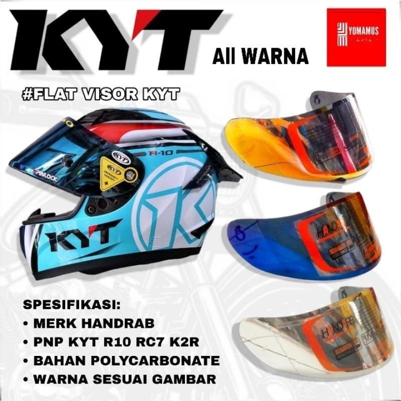 kaca helm flat visor kyt rc-7 / kyt r10 /kyt k2r iridium blue /gold /silver/hitam /putih free stiker
