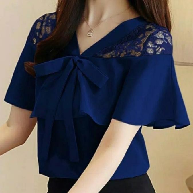 Atasan Baju Blouse Wanita Blus Brukat Elegan Pita Kombinasi Pesta