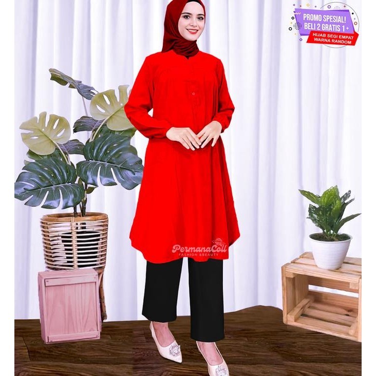 Atasan Wanita Lengan Panjang Baju Kemeja Muslim Tunik Warna Merah