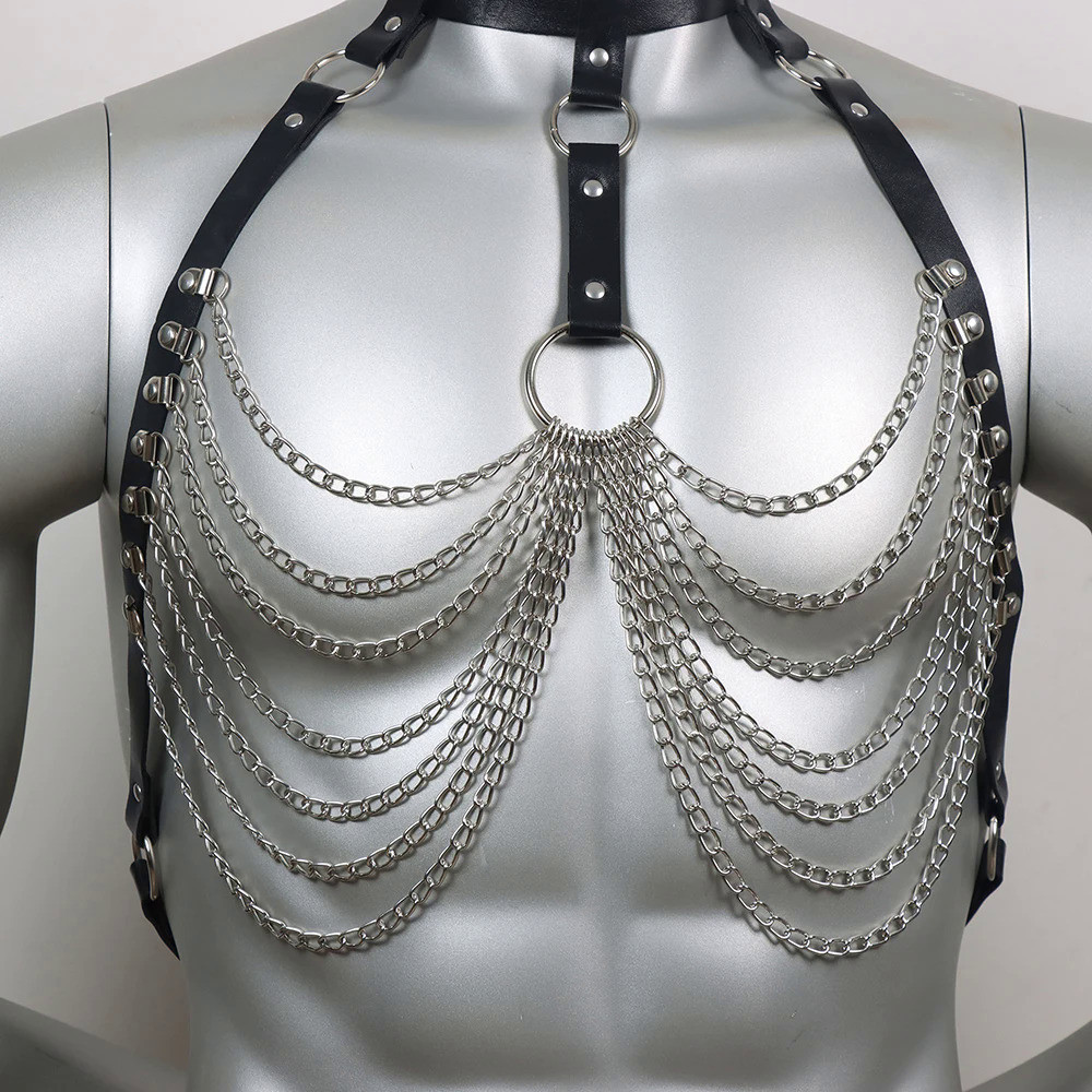 Sabuk Pinggang Logam Rantai Harness Kulit PU Hitam Lingerie Seksi Punk Goth Rantai Berlubang Suspend