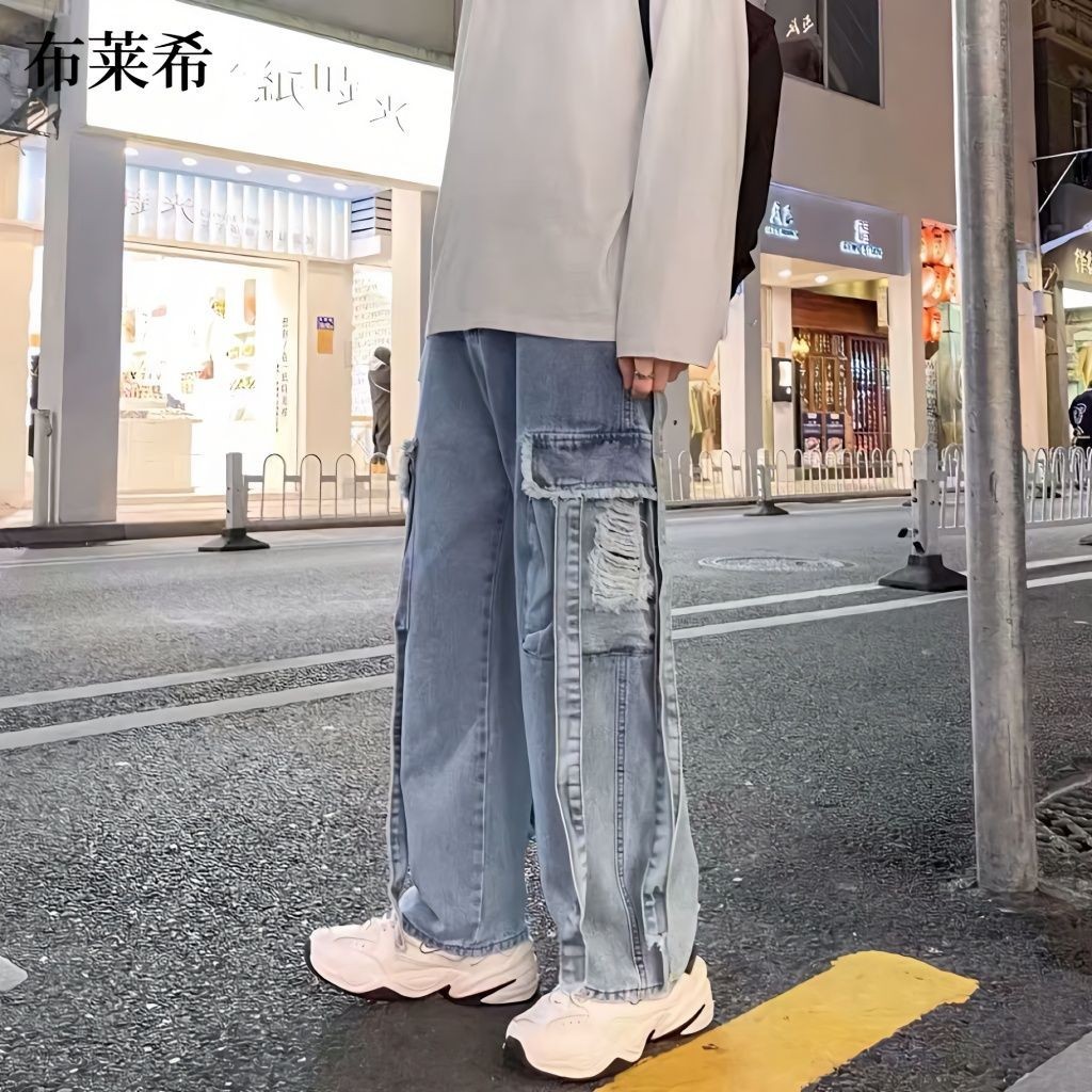 Celana Kargo Sobek untuk Wanita, Celana Kargo Lurus Longgar Hip Hop Merek Modis Jins Sobek untuk Wan