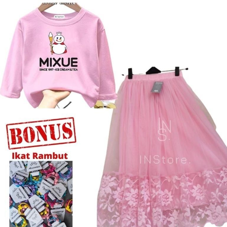 Setelan mixue anak usia 1 2 3 4 5 6 7 8 9 10 11 12 tahun TK SD bayi one set stelan kaos panjang pend