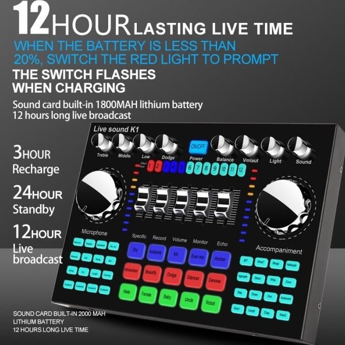 Sound Card K1 Live Audio Mixer Soundcard Bluetooth Recording Broadcast