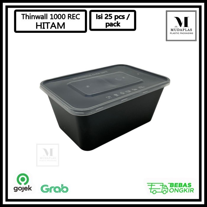 

+%+%+%] Kotak Makan Plastik Thinwall 1000 ml Hitam Rectangle - 25 pcs
