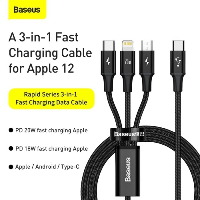 Baseus Kabel Charger Cabang 3 in 1 USB Type C to C/Micro/Lightning PD