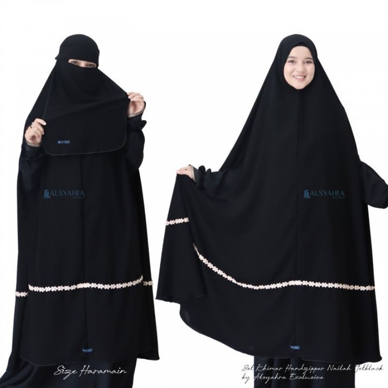 NEW PREMIUM DAILY HIJAB Set Khimar Syari Handzipper Nailah Haramain Niqab Poni Jetblack Alsyahra
