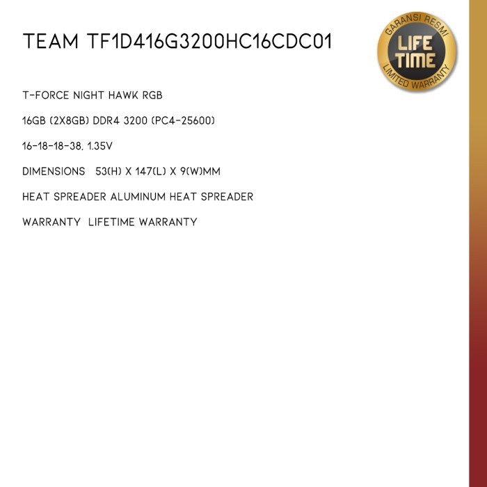 Memory Team - Tf1D416G3200Hc16Cdc01 Night Hawk 16Gb (2X8Gb) Ddr4 3200