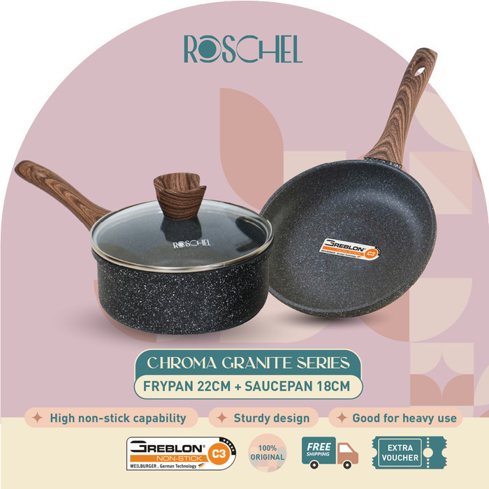 Roschel Chroma Frypan 22Cm Saucepan 18Cm Granite Greblon Anti Lengket