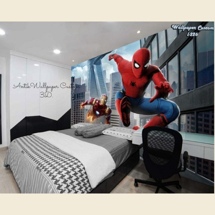 Wallpaper custom 3D tema spiderman &amp; ironman - wallpaper dinding anak