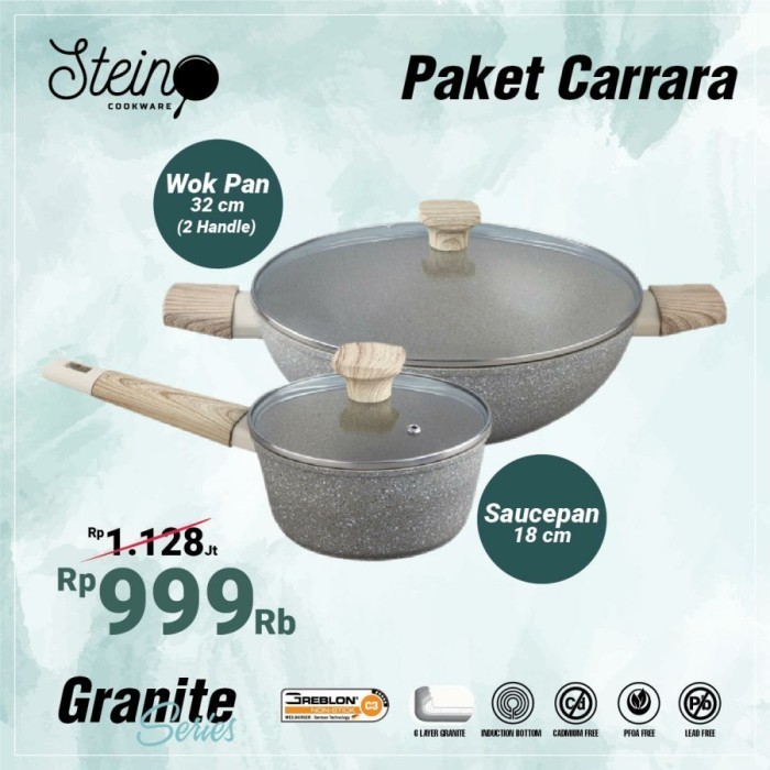 Stein Cookware Paket Carrara Granite Greblon Set Wok Pan & Sauce Pan