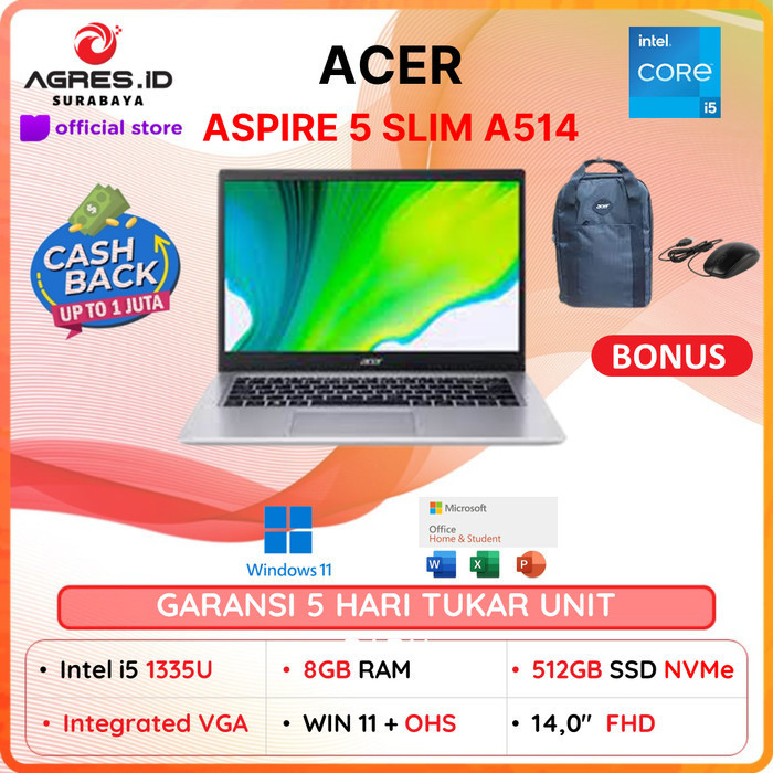 Acer Aspire 5 Slim A514 / I5 1335U 8Gb 512Ssd W11 + Ohs 14.0Inch Fhd