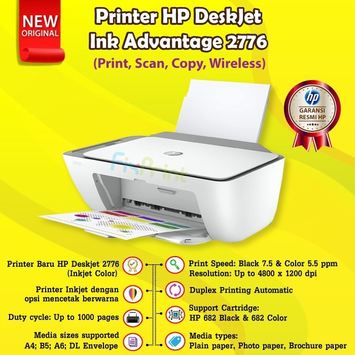 Printer Hp Deskjet 2776 Print Scan Copy Wifi Cartridge 682 Black Color