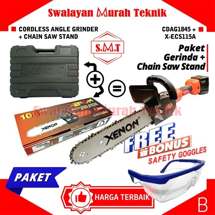 PAKET Gerinda Baterai Cordless 18Volt Xenon CDAG1845 & Chainsaw Stand
