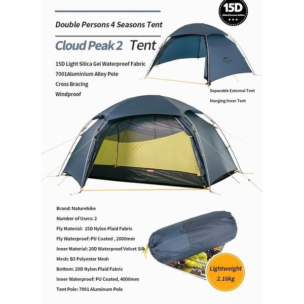 Tenda Cloud Peak 2 15D Naturehike Nh19K240-Y 2P Orang Dome Camping