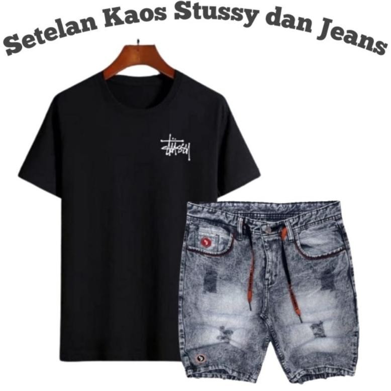 Big Sale PROMO Terbaru Setelan kaos Stussy Distro dan Celana Sobek Pendek jeans Original Distro cela