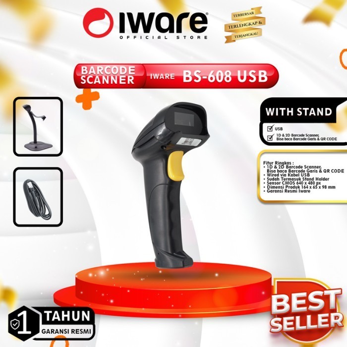 Barcode Scanner 2D Iware Bs-608 Usb With Stand Qrcode