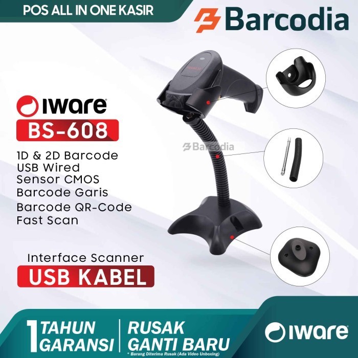 Scanner Barcode 2D Qrcode Iware Bs-608 / Bs608 Usb Wired With Stand