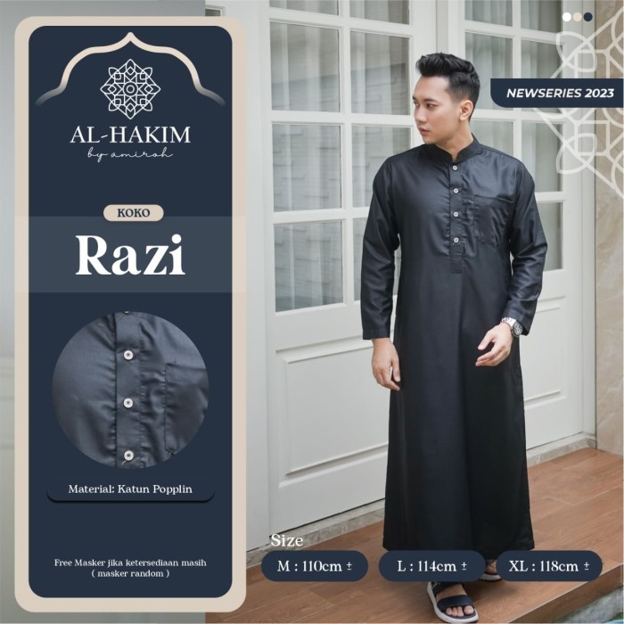 Jubah Pria Al Haramain Jubah Koko Gamis Pria Katun Popplin Premium Al Hakim Razi Hitam Polos Termura