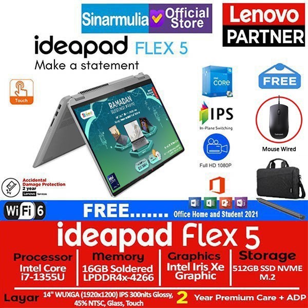 Lenovo Ideapad Flex 5I I7-1355U 512Gb Ssd 16Gb Win+Ohs Touch