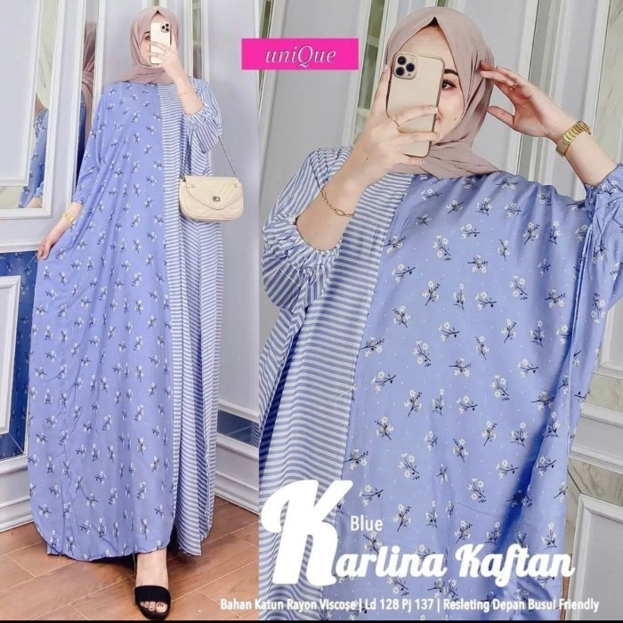 kaftan lebaran Kaftan Gamis Carlina jumbo Busui frendly Dress Muslim wanita kekinian - Biru Muda BIS