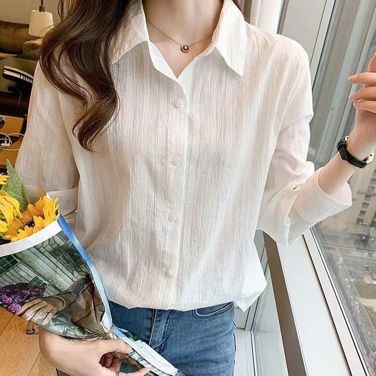 Kemeja Wanita Katun Lengan Panjang, Baju Dasar Wanita Atasan Profesional Gaya Korea Putih