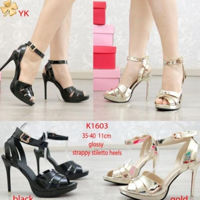 Ykshoes 1603 Strappy Heels 11Cm Gold Black Sepatu Hak Tali Stiletto