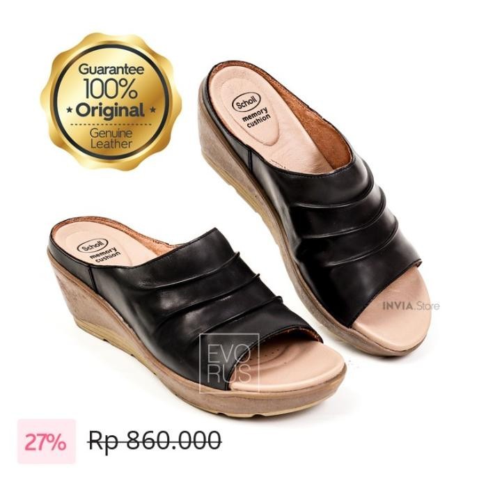 Scholl Memory Cushion G57 Black Original Sandal Wedges Kulit Asli