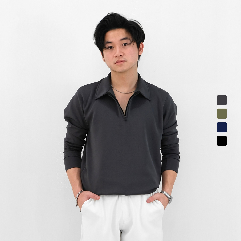 Sanvanina Cuba Upper Zip Long Polo Shirt Polo Zipper Pria Kaos Lengan Panjang Pria Polo Ern Fit