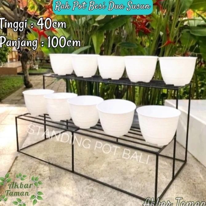 Rak Pot Besi Standing Planter Dua Susun Panjang / Rak Bunga Besi Murah