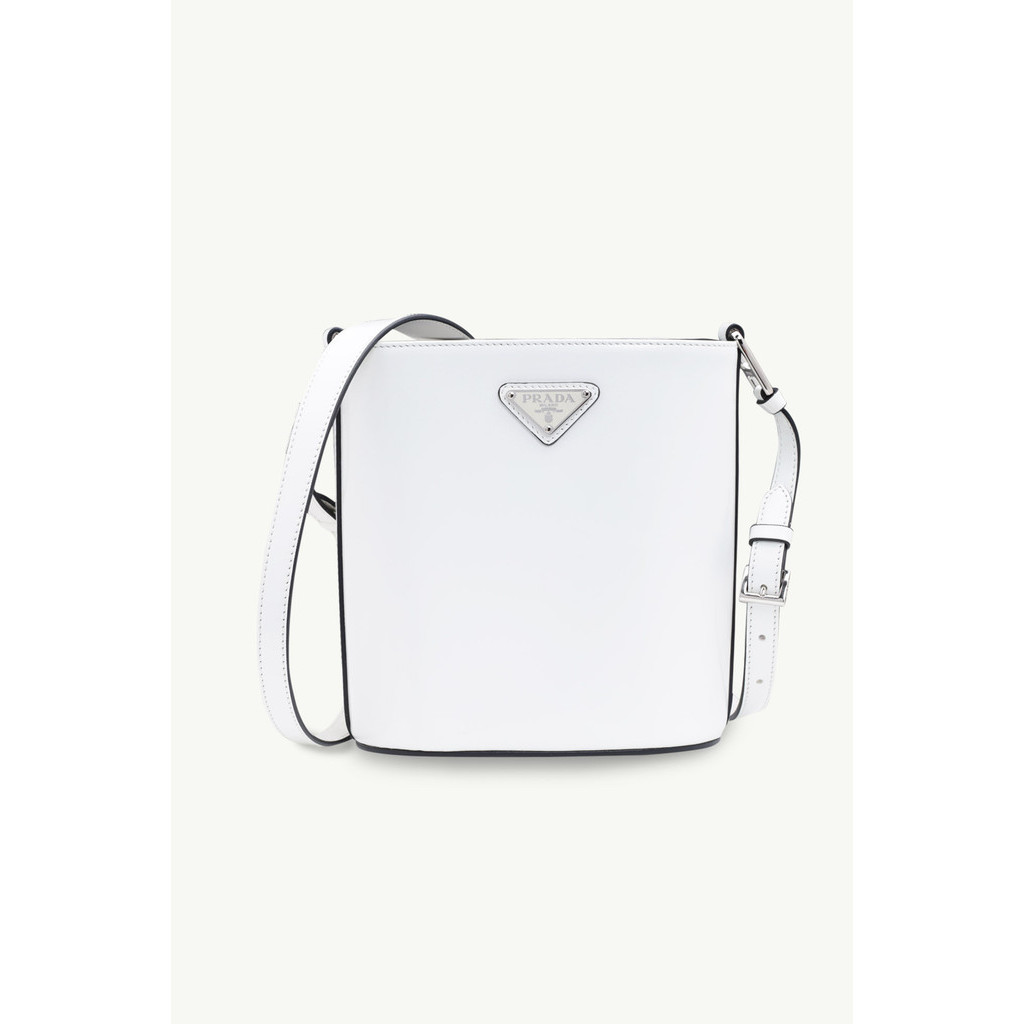 PRADA Mini Triangle Logo Bucket Bag in White Brushed-Leather