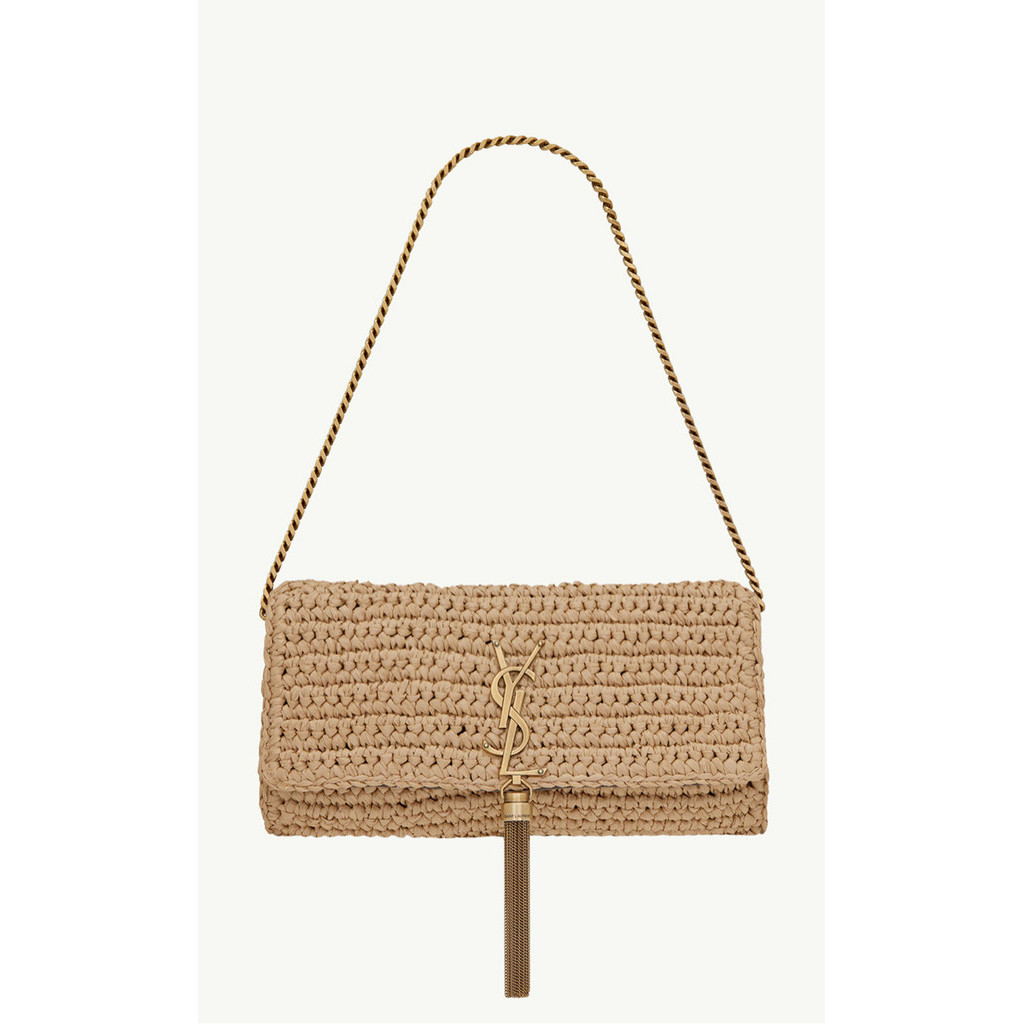 YVES SAINT LAURENT Medium Kate 99 Chain Shoulder Bag in Dark Nude Raffia with Tassel