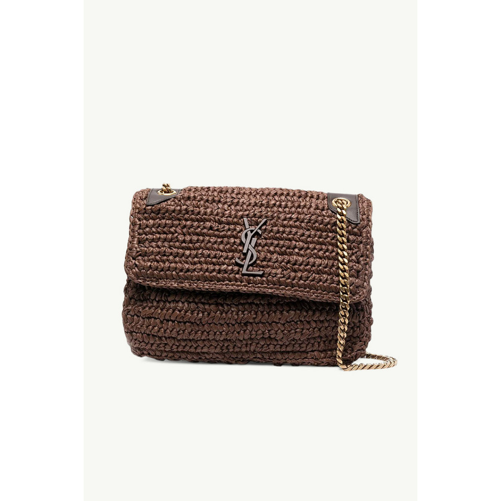 YVES SAINT LAURENT Medium Monogram Niki Shoulder Bag in Brown Raffia x Leather with Bronze Hardware