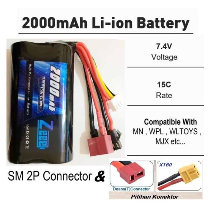ZEEE 2000mAh 2s 7.4v 15c Li-ion Battery Upgrade Rc MN WPL Wltoys Mjx