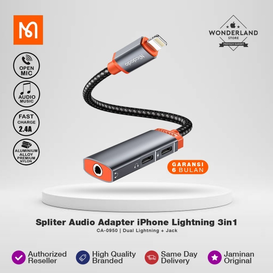 Mcdodo Spliter Audio Adapter Lightning 3in1 Dual Lightning+Jack CA-0950 - Wonderland Store Bandung