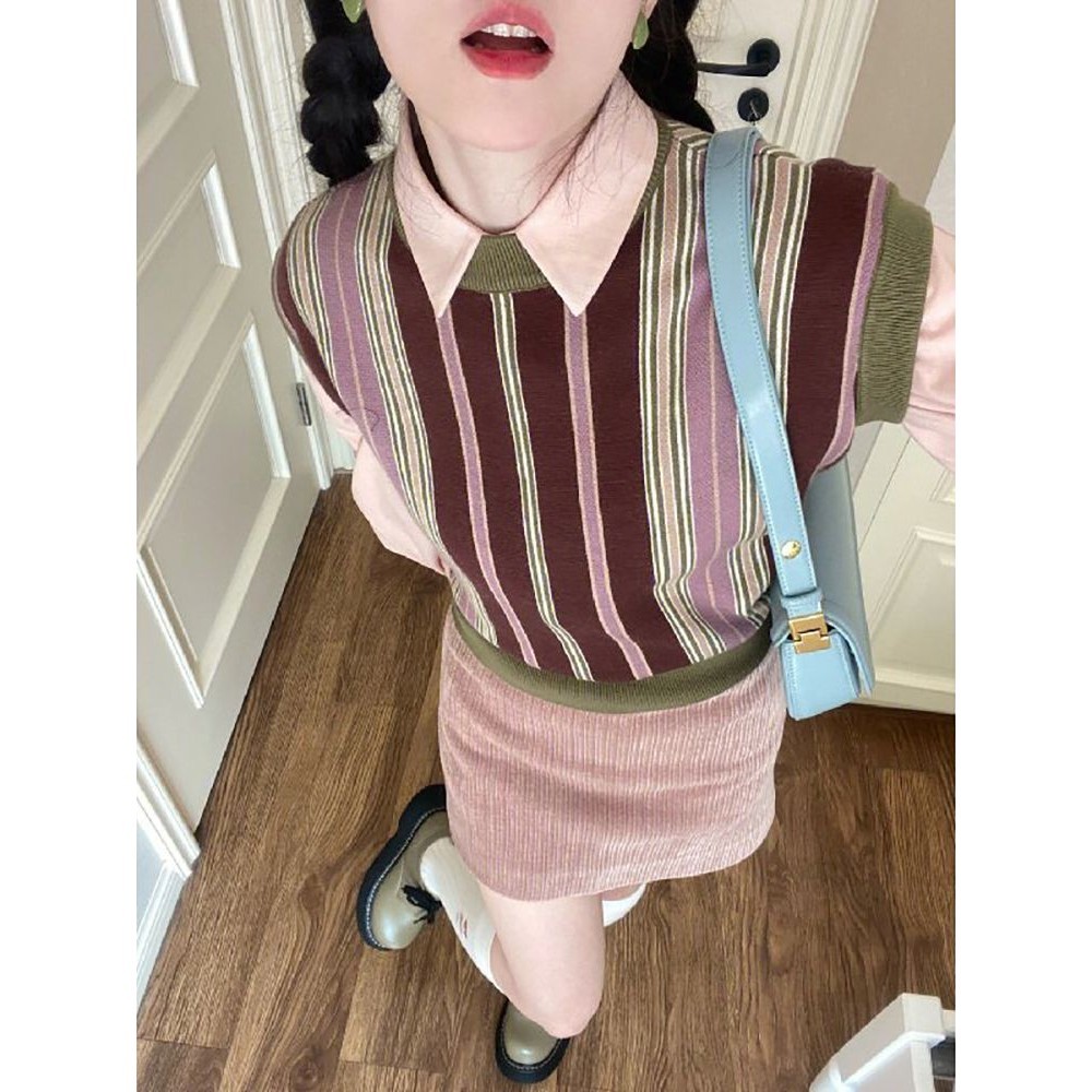 Suit Women's Vintage Stripe Sweater Vest Outer Wear Temperament Base ShirtaWord Short Skirt