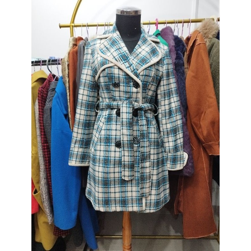 coat Wool Winter motif kotak biru