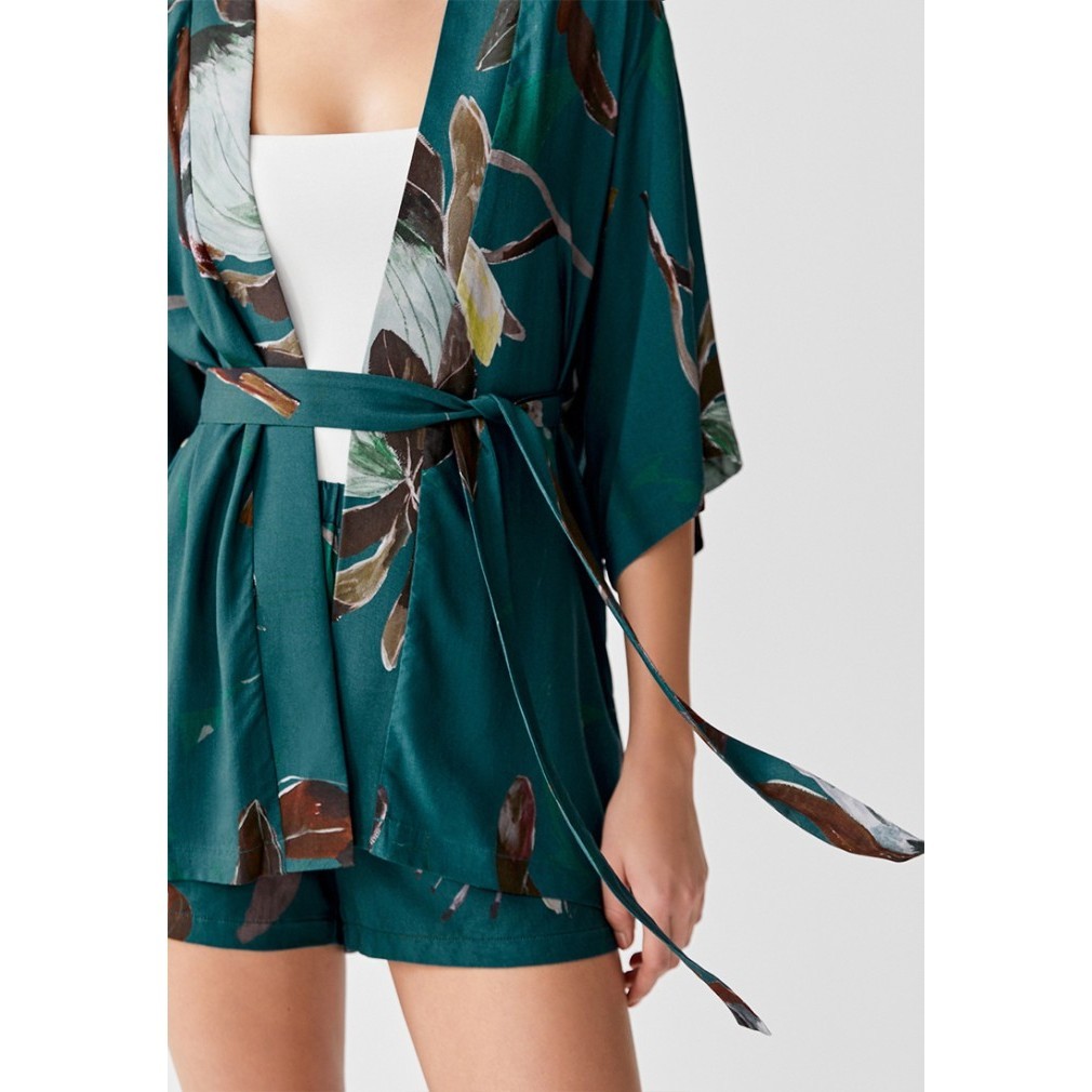 Owena Belted Kimono in Protea Bloom - Emerald