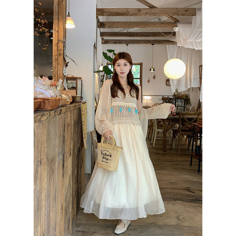 Rompi Rajut Desain Rumbai Retro, Baju Rok Overshirt Pelindung Matahari Lengan Panjang Pakaian Mode B