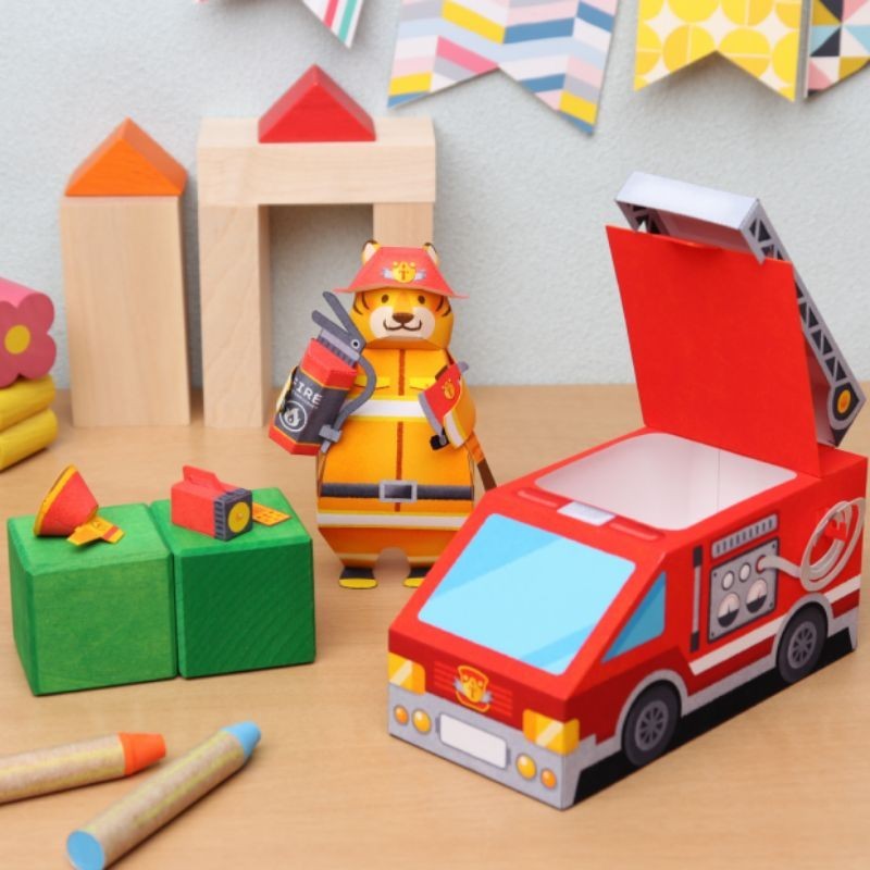 Lembaran pola papercraft harimau dan mobil pemadam (CP-AgE45)