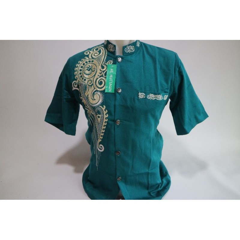 Busana Muslim Pria Dewasa Baju Koko Jas Koko Jasko Hijau Tosca Lengan Pendek Bordir Terbaru SKH 132