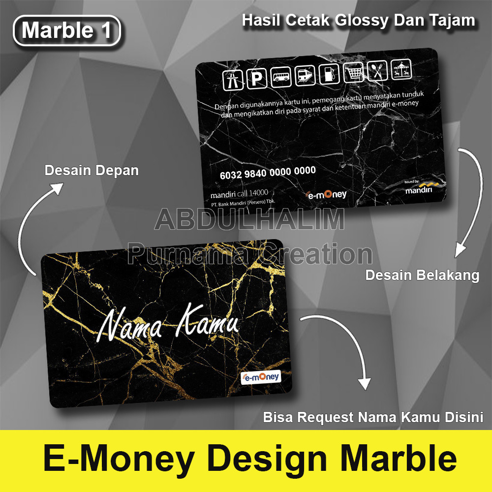 Kartu Emoney / Etoll / Flazz Custom 2 sisi Desain Marble Marmer Glossy