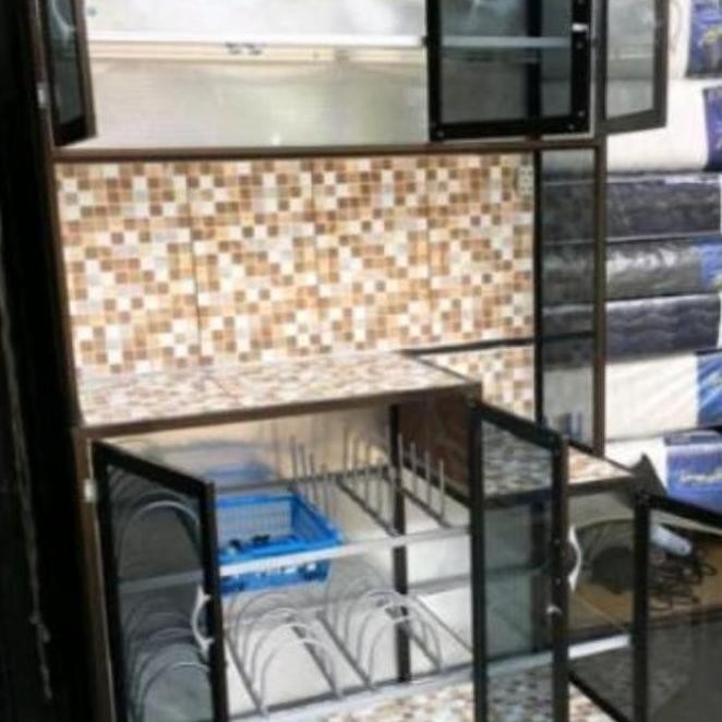 Promo Lemari Rak Dapur Piring Undak Kaca Riben Full Aluminium Tebal Shoppingyuk2
