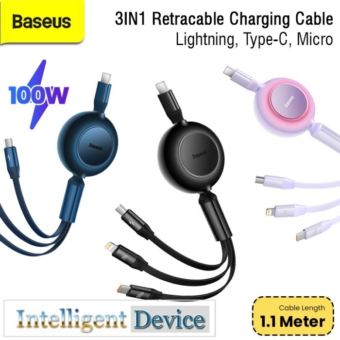 Baseus 3In1 Retractable Charging Cable 100W Lightning Type C Cro