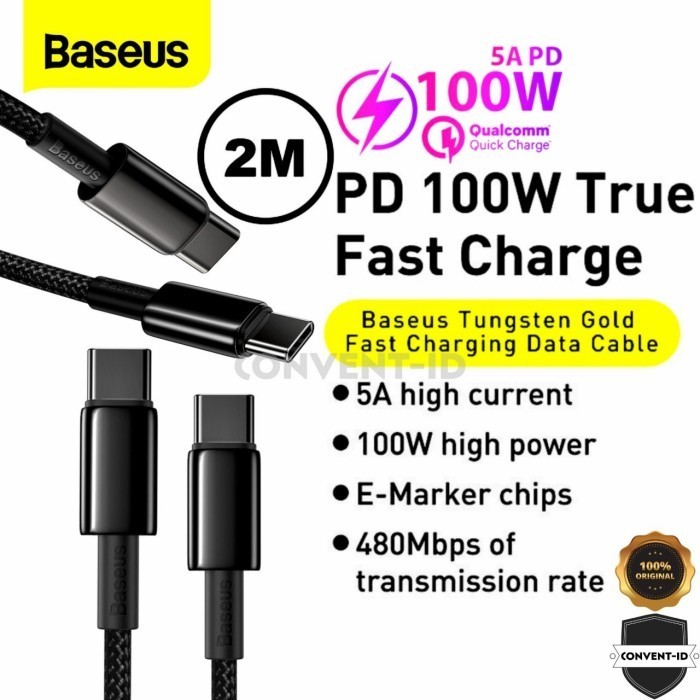 Baseus Tungsten Kabel Data 100W 5A 2M Usb Type C To Type C Pd Qc 4.0
