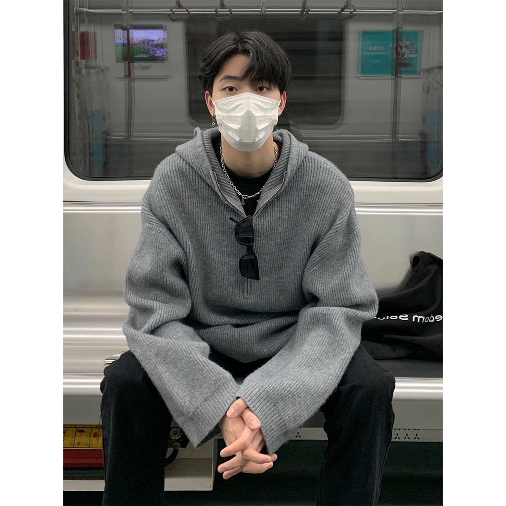 Sweater Bertudung Setengah Ritsleting Pria, Mantel Modis Gaya Korea Longgar dan Malas Rajutan Kelas