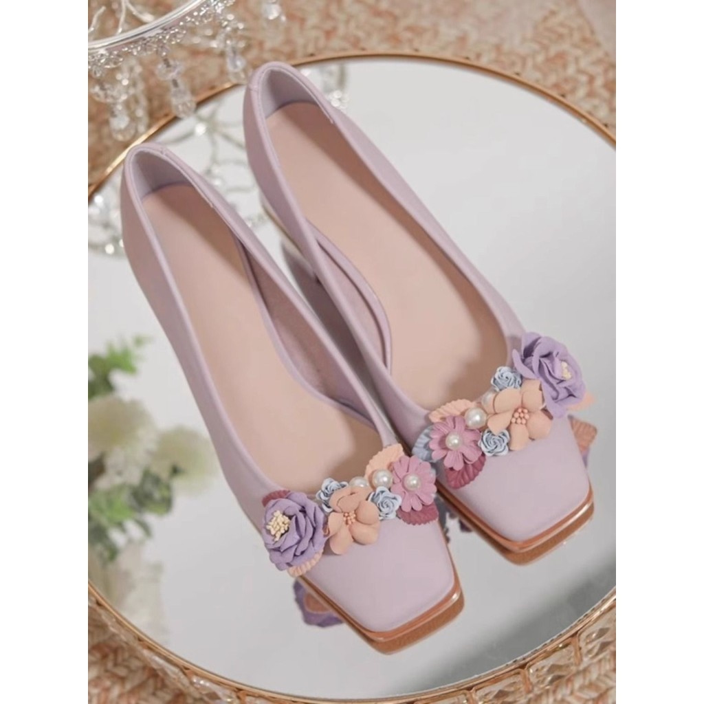 Purple Beautiful Flowers Square Toe High Heels Women Horse-Face Skirt Skirt Chunky Heel Pumps