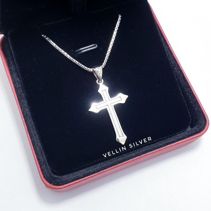 Kalung Salib Pria / Kalung Salip Wanita Silver 925 Lapis Emas Putih